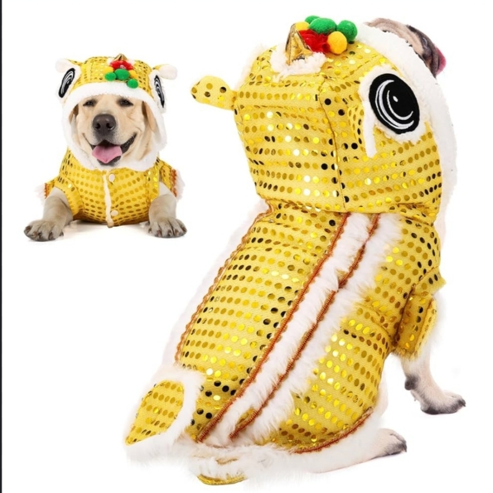 Clothand Gold Sequin Chinese Lion Dance Costume for Pets NIB Sz: L